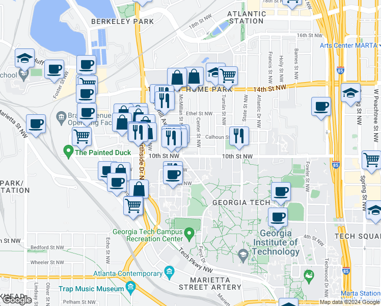 map of restaurants, bars, coffee shops, grocery stores, and more near 497 10th Street Northwest in Atlanta