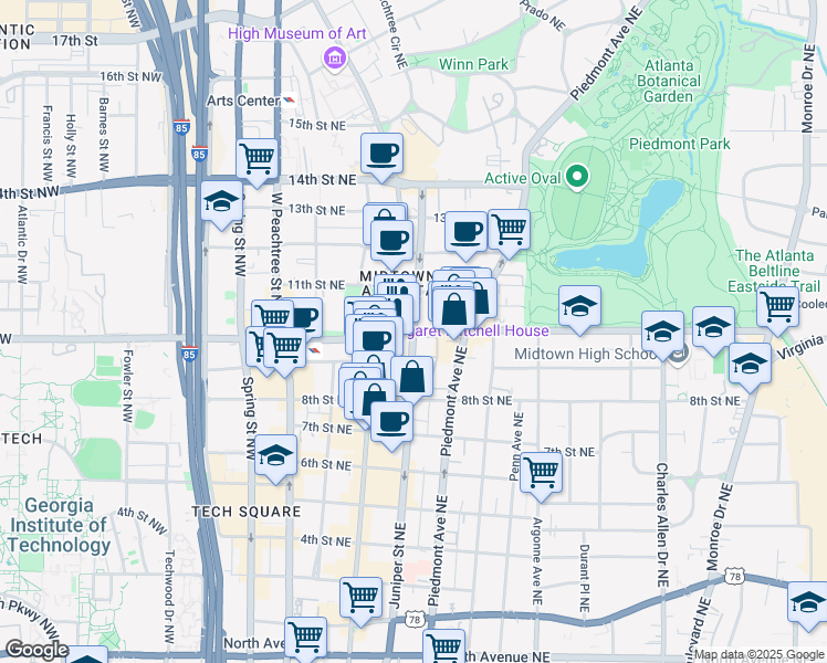 map of restaurants, bars, coffee shops, grocery stores, and more near Juniper St NE & 10th St NE in Atlanta