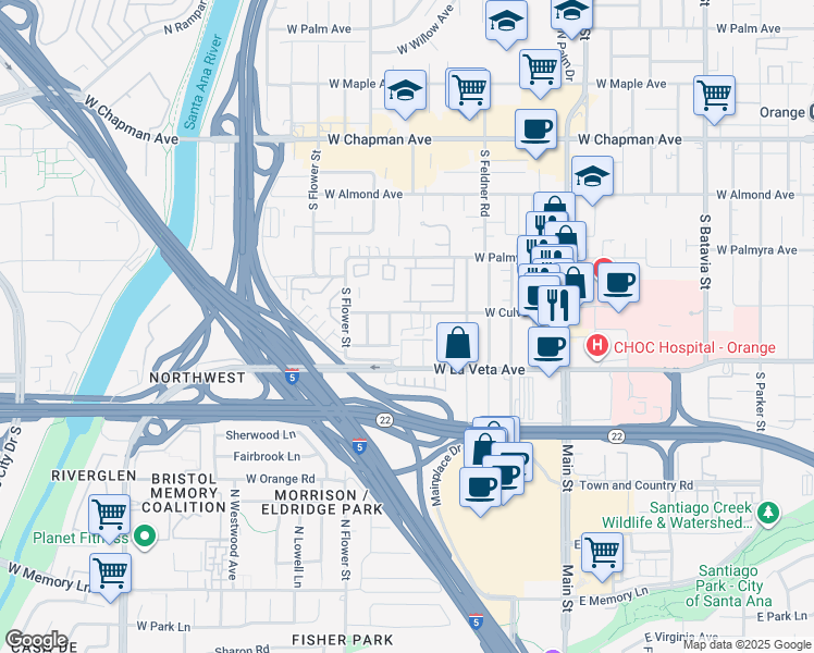 map of restaurants, bars, coffee shops, grocery stores, and more near 1938 West Culver Avenue in Orange