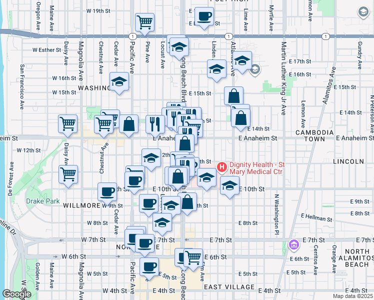 map of restaurants, bars, coffee shops, grocery stores, and more near 1201 Long Beach Boulevard in Long Beach