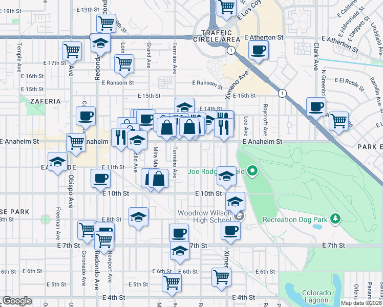 map of restaurants, bars, coffee shops, grocery stores, and more near 1200 Belmont Avenue in Long Beach