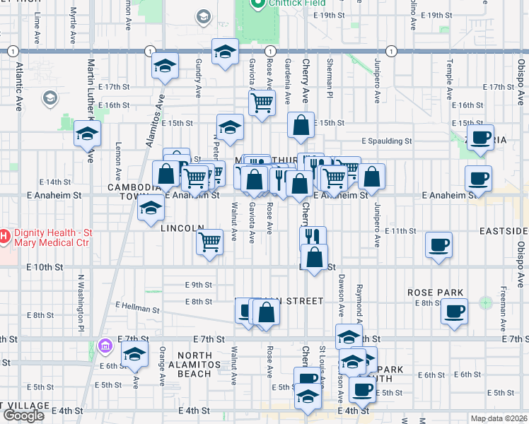 map of restaurants, bars, coffee shops, grocery stores, and more near 1207 Rose Avenue in Long Beach