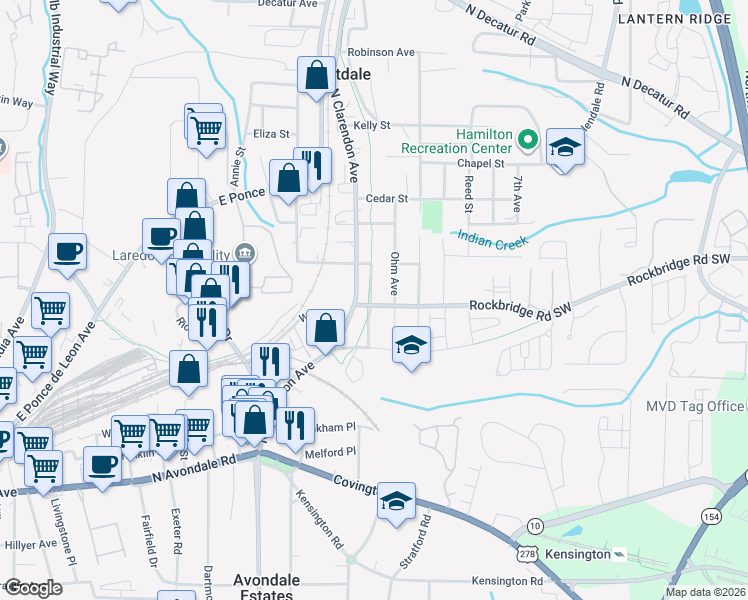 map of restaurants, bars, coffee shops, grocery stores, and more near 3110 Rockbridge Road Southwest in Avondale Estates