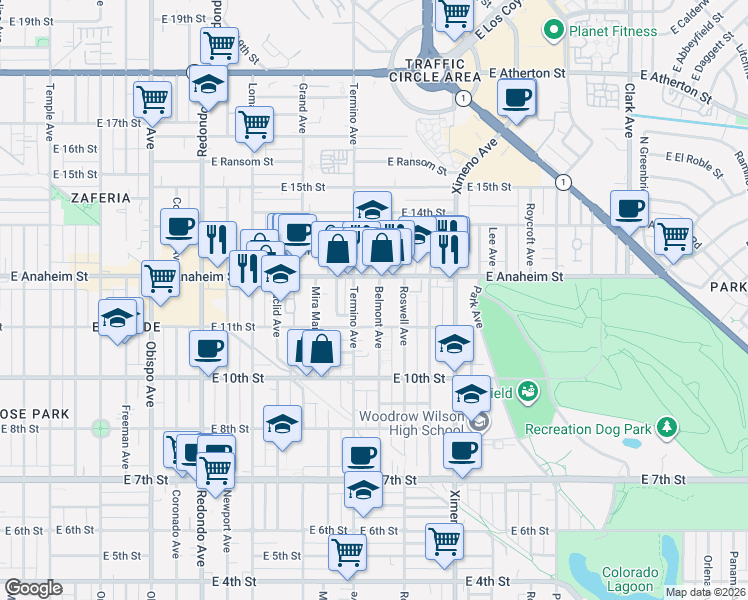 map of restaurants, bars, coffee shops, grocery stores, and more near 1201 Belmont Avenue in Long Beach