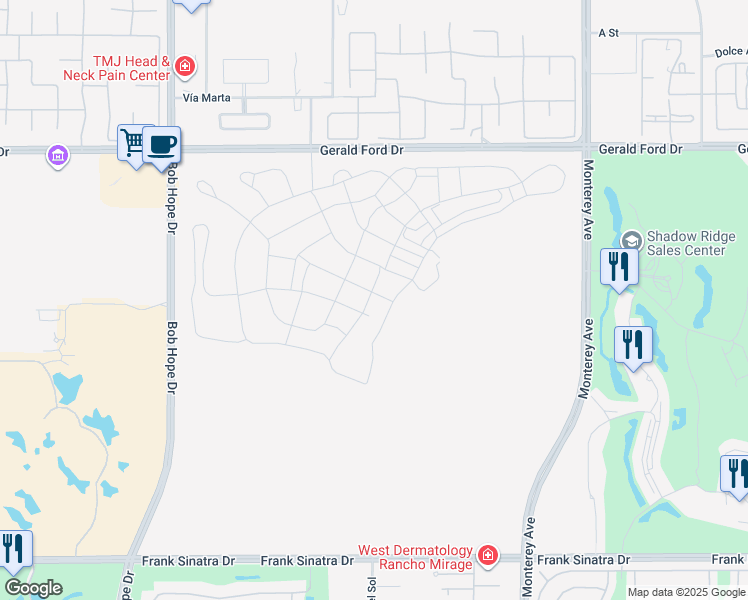 map of restaurants, bars, coffee shops, grocery stores, and more near 2 Scrub Jay Lane in Rancho Mirage