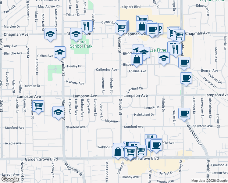 map of restaurants, bars, coffee shops, grocery stores, and more near 12461 Gilbert Street in Garden Grove