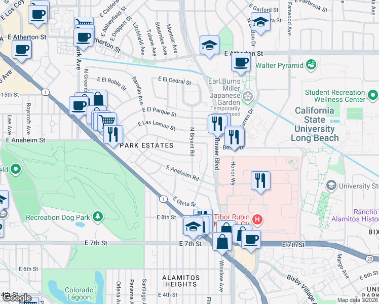 map of restaurants, bars, coffee shops, grocery stores, and more near 5561 East La Pasada Street in Long Beach