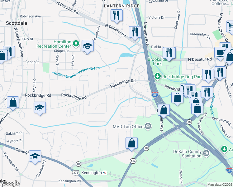 map of restaurants, bars, coffee shops, grocery stores, and more near 444 Kensington Parc Drive in Avondale Estates