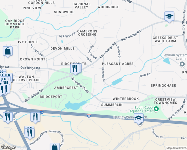 map of restaurants, bars, coffee shops, grocery stores, and more near 7222 Silverton Trail in Austell