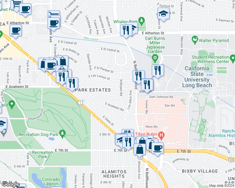 map of restaurants, bars, coffee shops, grocery stores, and more near 5561 East La Pasada Street in Long Beach