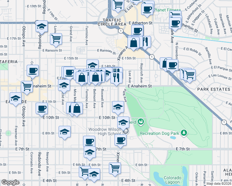map of restaurants, bars, coffee shops, grocery stores, and more near 1203 Ximeno Avenue in Long Beach