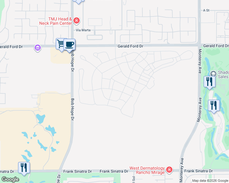 map of restaurants, bars, coffee shops, grocery stores, and more near 36116-36142 Bob Hope Drive in Rancho Mirage