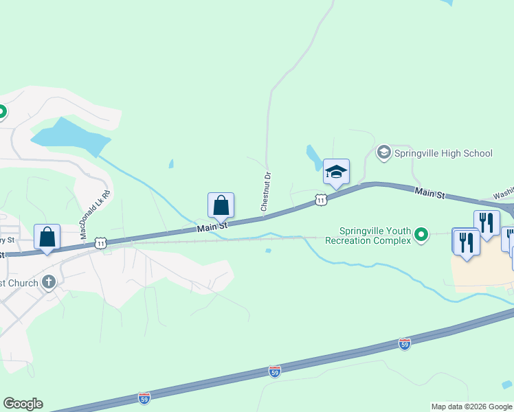 map of restaurants, bars, coffee shops, grocery stores, and more near 47 Chestnut Drive in Springville