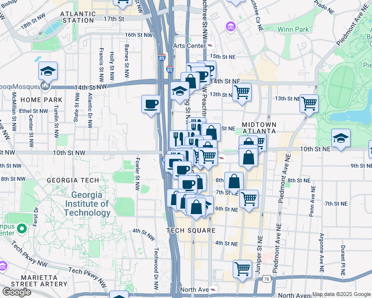 map of restaurants, bars, coffee shops, grocery stores, and more near in Atlanta