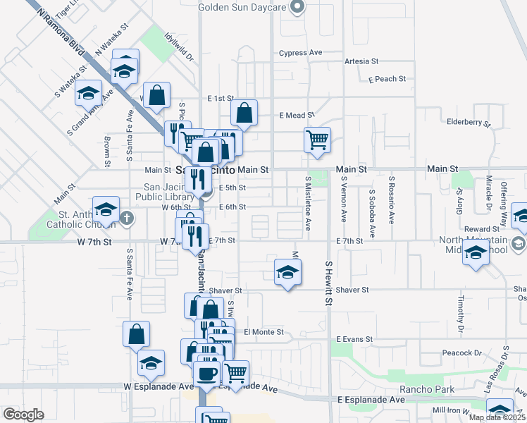map of restaurants, bars, coffee shops, grocery stores, and more near 370 East 6th Street in San Jacinto