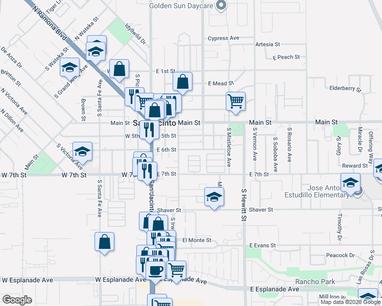map of restaurants, bars, coffee shops, grocery stores, and more near 350 East 6th Street in San Jacinto