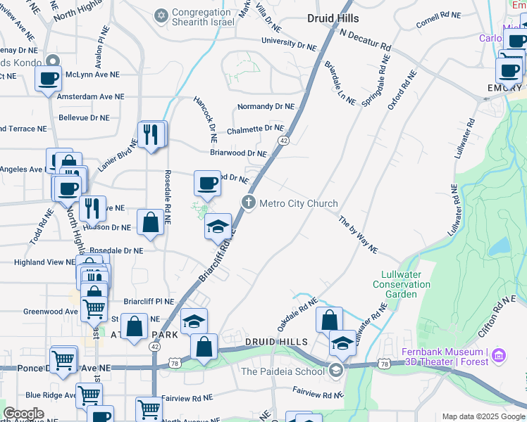 map of restaurants, bars, coffee shops, grocery stores, and more near 1043 Briarcliff Road Northeast in Atlanta