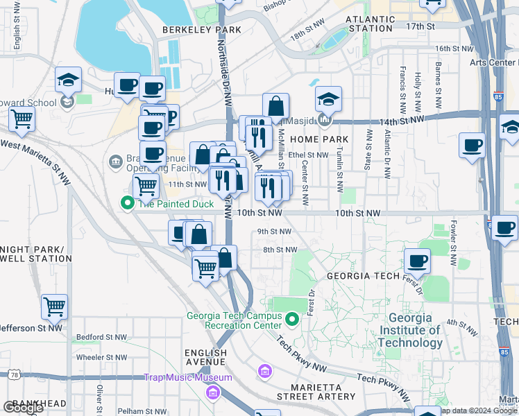 map of restaurants, bars, coffee shops, grocery stores, and more near 539 10th Street Northwest in Atlanta
