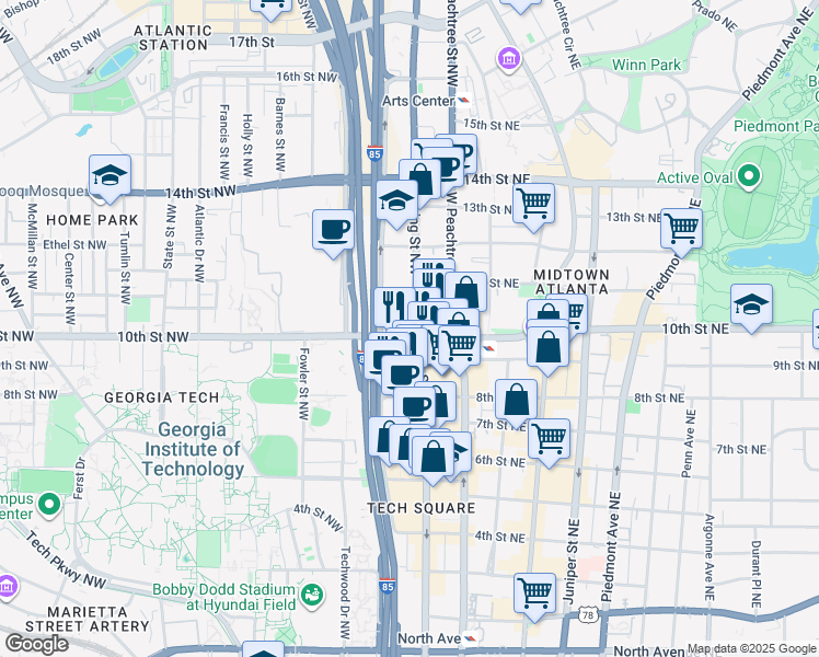 map of restaurants, bars, coffee shops, grocery stores, and more near 1000 Spring Street Northwest in Atlanta