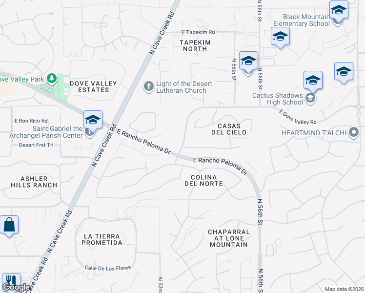 map of restaurants, bars, coffee shops, grocery stores, and more near 5398 North 52nd Place in Cave Creek