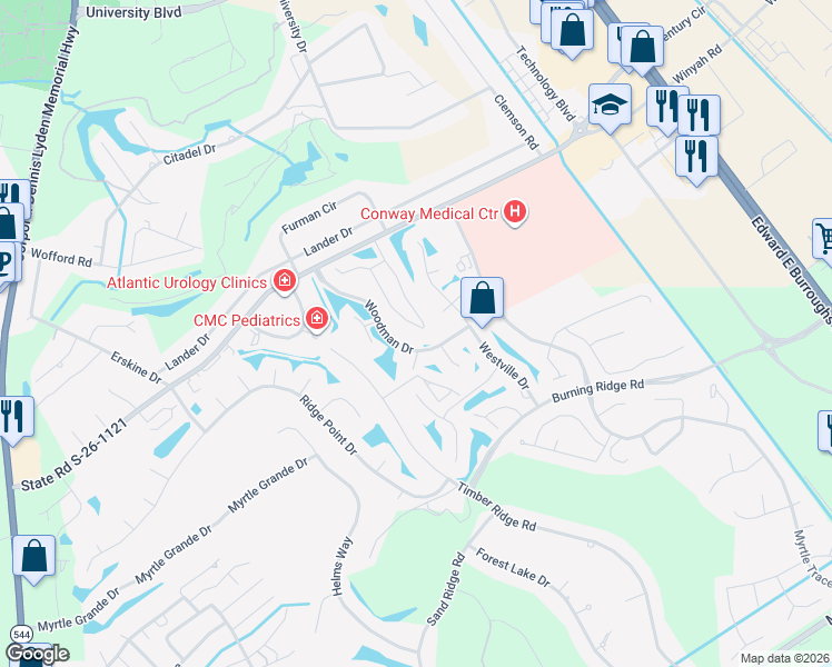 map of restaurants, bars, coffee shops, grocery stores, and more near 300A Myrtle Greens Drive in Conway