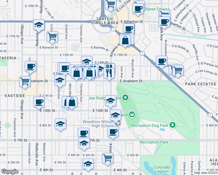 map of restaurants, bars, coffee shops, grocery stores, and more near 1203 Ximeno Avenue in Long Beach