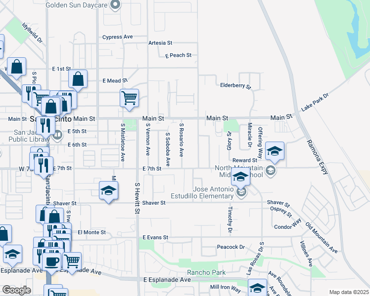 map of restaurants, bars, coffee shops, grocery stores, and more near 601 South Rosario Avenue in San Jacinto