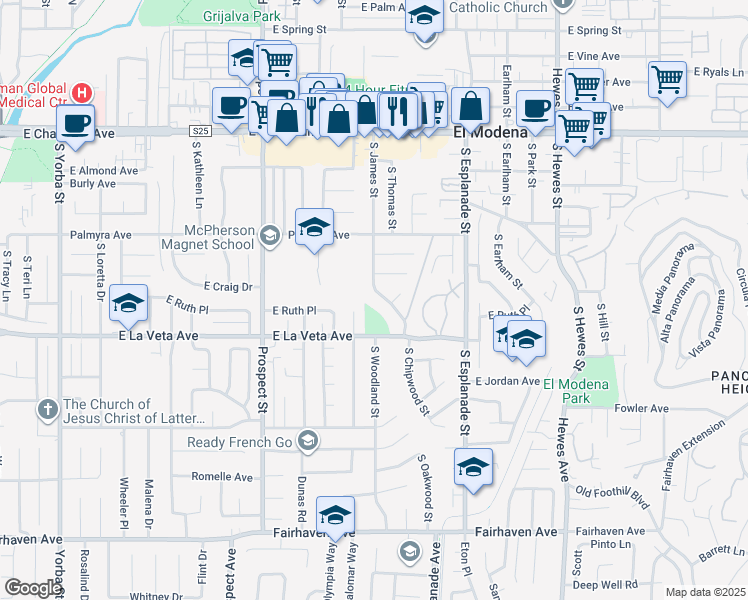 map of restaurants, bars, coffee shops, grocery stores, and more near 438 South James Street in Orange