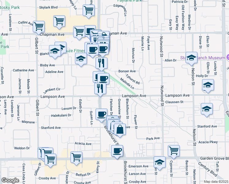 map of restaurants, bars, coffee shops, grocery stores, and more near 10071 Lampson Avenue in Garden Grove