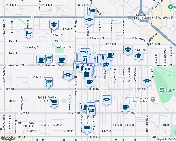 map of restaurants, bars, coffee shops, grocery stores, and more near 1141 Newport Avenue in Long Beach