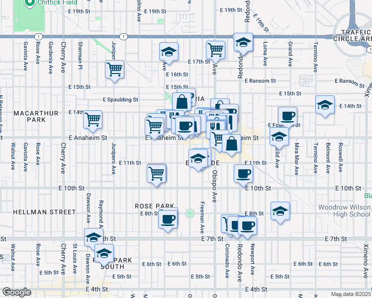 map of restaurants, bars, coffee shops, grocery stores, and more near 1136 Orizaba Avenue in Long Beach
