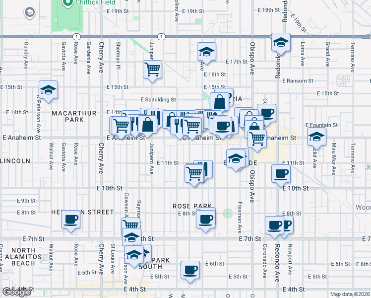 map of restaurants, bars, coffee shops, grocery stores, and more near 1138 Molino Avenue in Long Beach