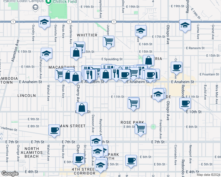 map of restaurants, bars, coffee shops, grocery stores, and more near 1129 Stanley Avenue in Long Beach