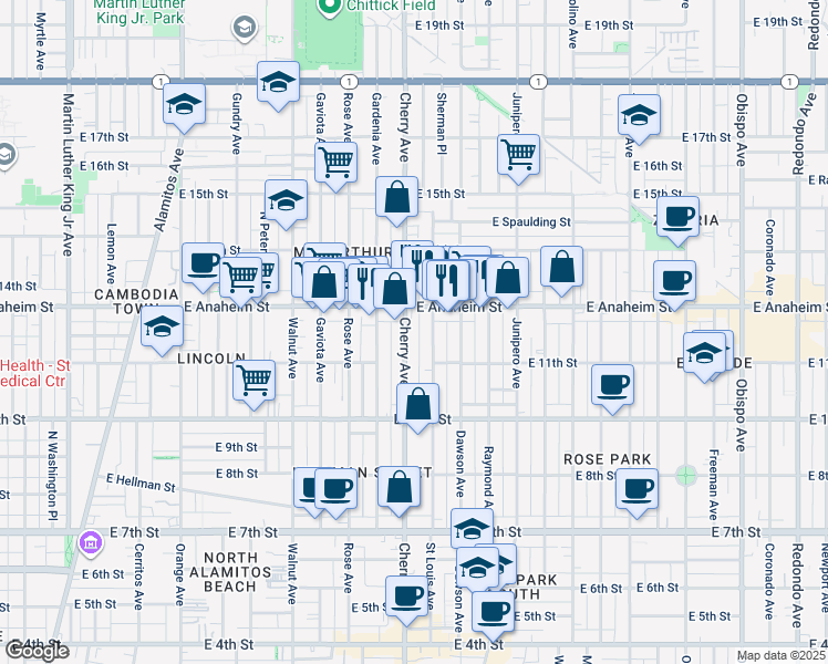 map of restaurants, bars, coffee shops, grocery stores, and more near 1131 Saint Louis Avenue in Long Beach