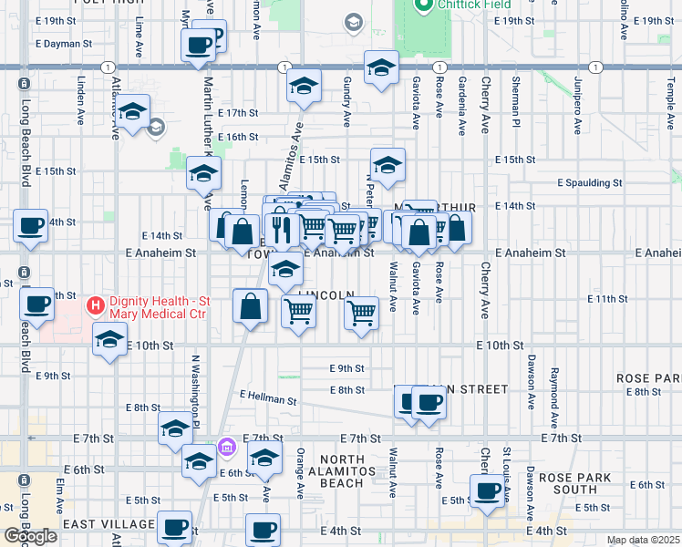 map of restaurants, bars, coffee shops, grocery stores, and more near 1108 Mahanna Avenue in Long Beach