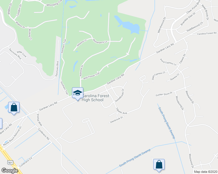 map of restaurants, bars, coffee shops, grocery stores, and more near 4853 Meadowsweet Drive in Myrtle Beach