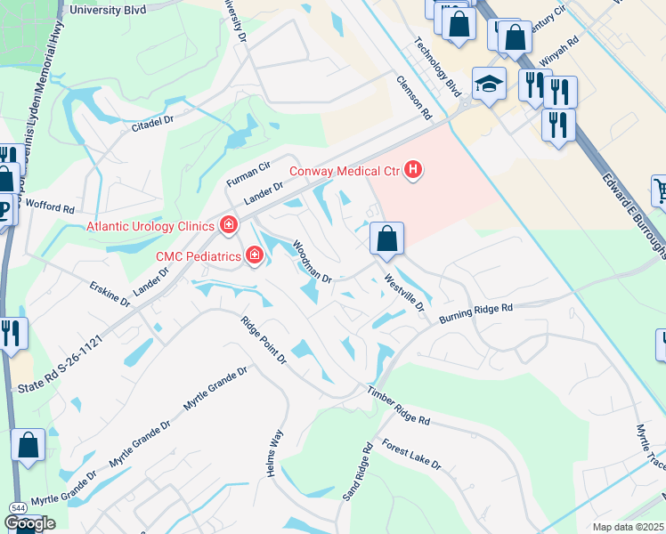 map of restaurants, bars, coffee shops, grocery stores, and more near 300A Myrtle Greens Drive in Conway
