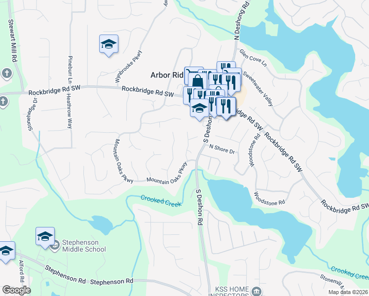 map of restaurants, bars, coffee shops, grocery stores, and more near 543 Sutters Mill Road in Stone Mountain