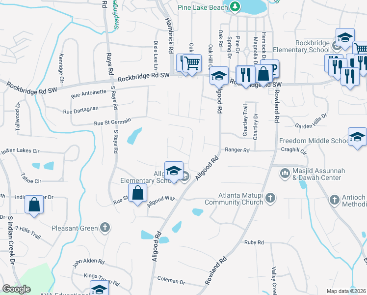 map of restaurants, bars, coffee shops, grocery stores, and more near 4338 Crestridge Lane in Stone Mountain