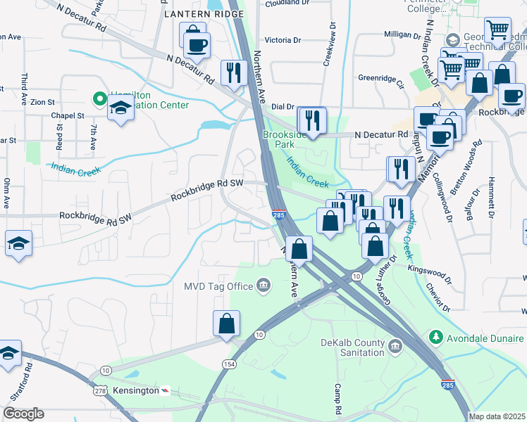 map of restaurants, bars, coffee shops, grocery stores, and more near 786 Brookside Parc Lane in Avondale Estates