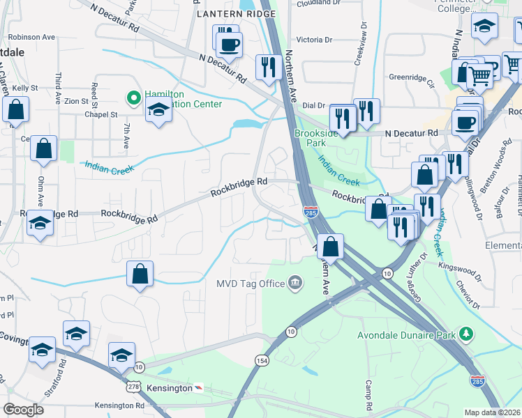 map of restaurants, bars, coffee shops, grocery stores, and more near 0 Highway 10 in Avondale Estates