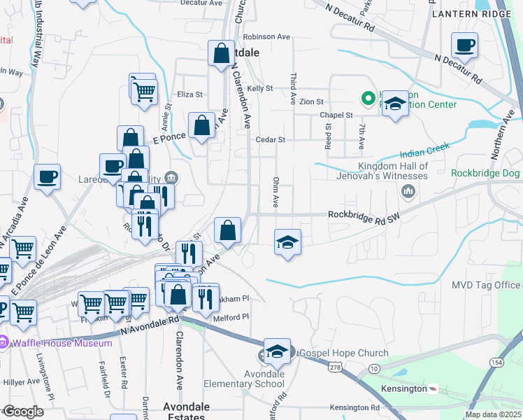 map of restaurants, bars, coffee shops, grocery stores, and more near 3110 Rockbridge Road Southwest in Avondale Estates