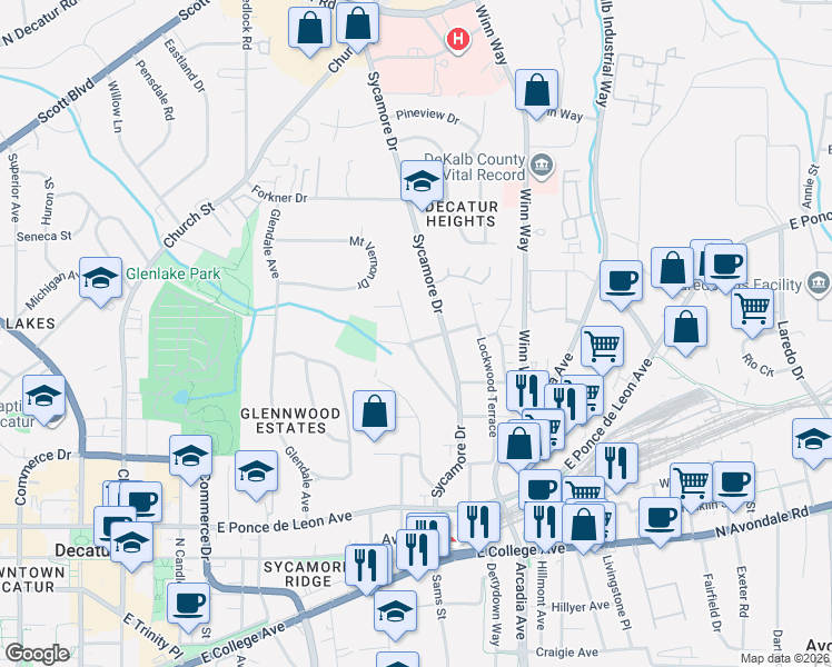 map of restaurants, bars, coffee shops, grocery stores, and more near 181 Ridgeland Avenue in Decatur