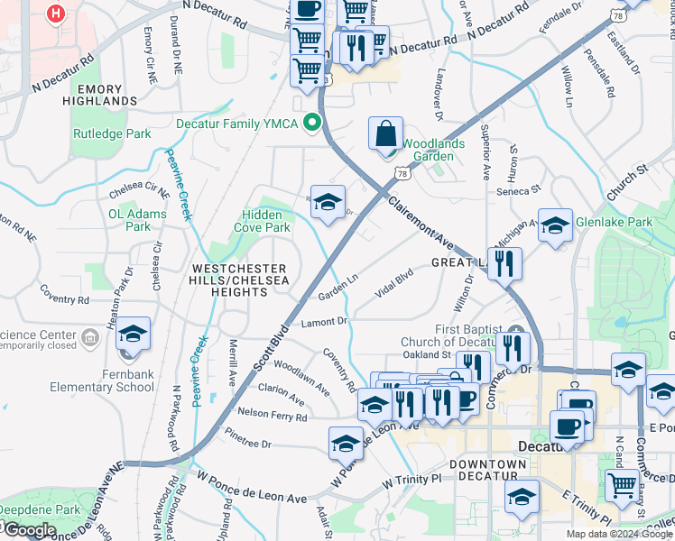 map of restaurants, bars, coffee shops, grocery stores, and more near 205 Garden Lane in Decatur