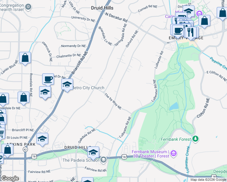 map of restaurants, bars, coffee shops, grocery stores, and more near 982 Oakdale Road Northeast in Atlanta