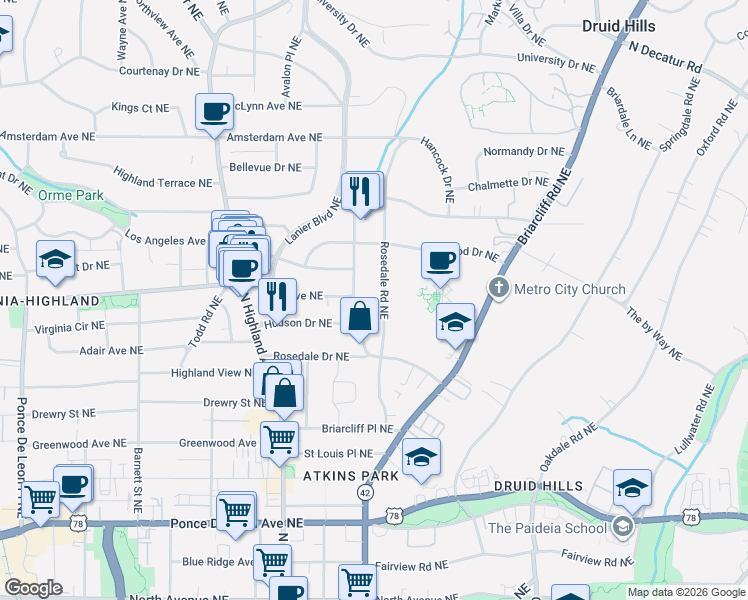 map of restaurants, bars, coffee shops, grocery stores, and more near 985 Rosedale Road Northeast in Atlanta