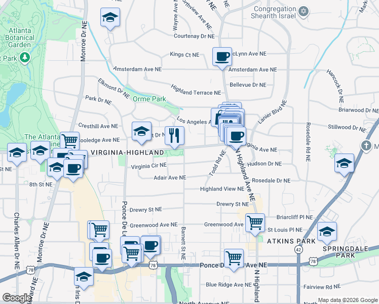 map of restaurants, bars, coffee shops, grocery stores, and more near 985 Barnett Street Northeast in Atlanta