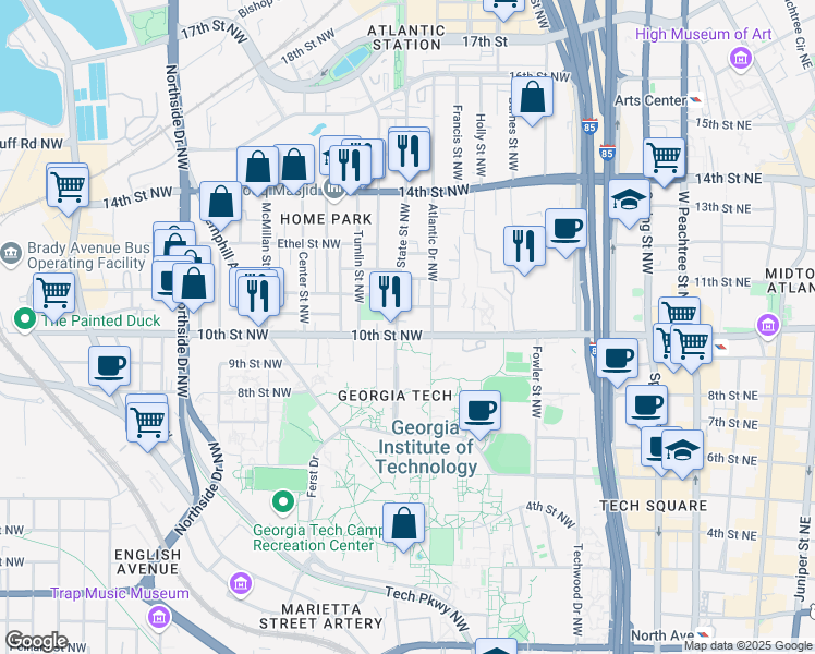 map of restaurants, bars, coffee shops, grocery stores, and more near 364 10th Street Northwest in Atlanta