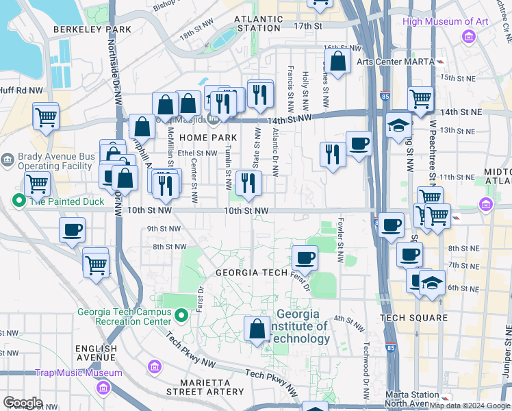 map of restaurants, bars, coffee shops, grocery stores, and more near 364 10th Street Northwest in Atlanta
