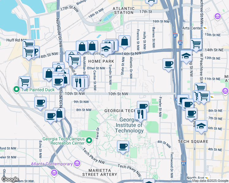 map of restaurants, bars, coffee shops, grocery stores, and more near in Atlanta
